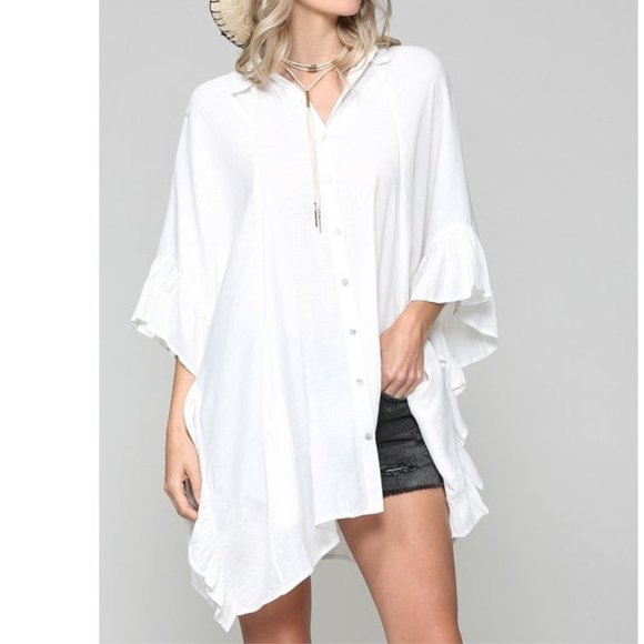 Boho Chic Ivory White Ruffle Kimono Tunic Top - Picture 4 of 5